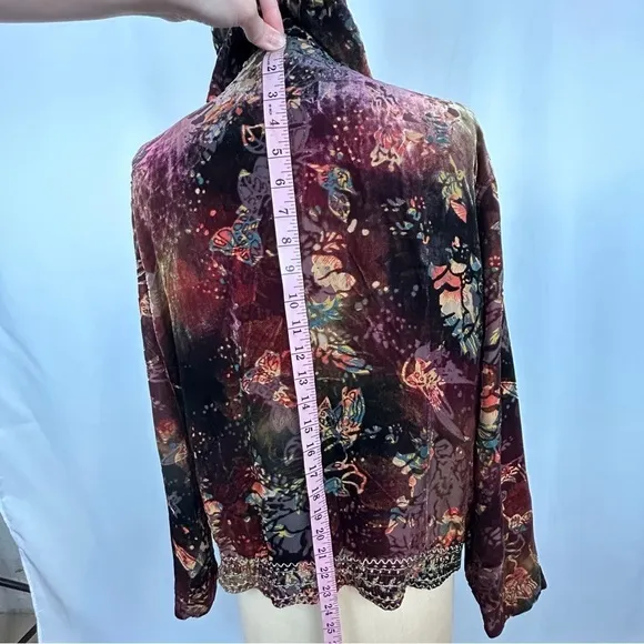 Chico’s Embroidered Beaded Hoodie Velour Zip Up Long Sleeve Fleece Jacket