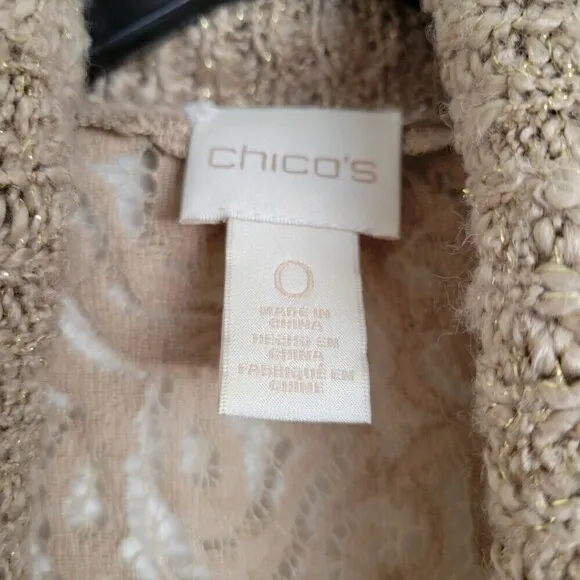 Chico's Wool Lace Back Lara Cocoon Cardigan Sweater Beige Metallic Gold Size 0