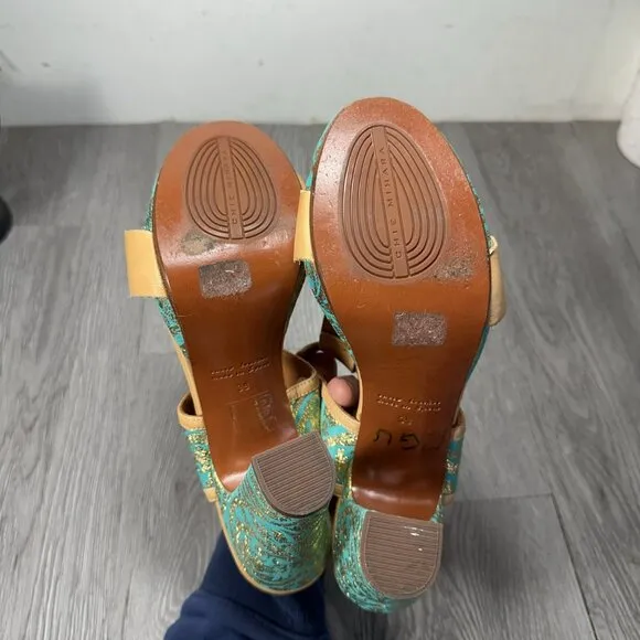 Chie Mihara Woman Teal Gold Print Heels  Open Toe Shoes Sandals 39 US 8.5