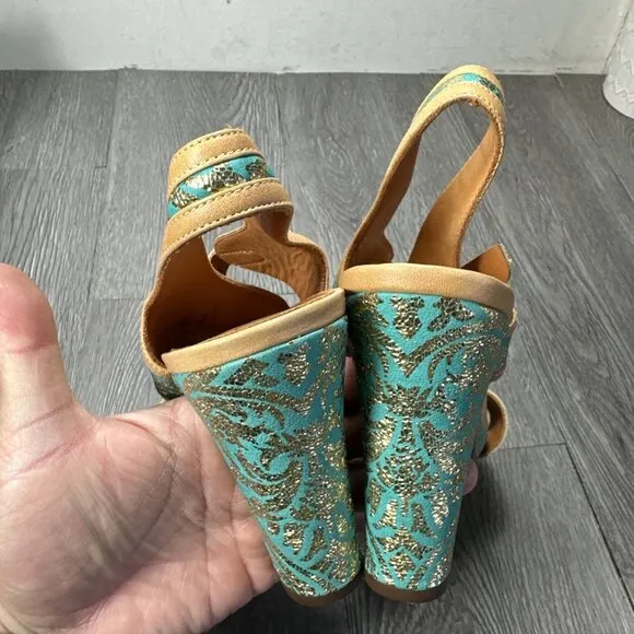 Chie Mihara Woman Teal Gold Print Heels  Open Toe Shoes Sandals 39 US 8.5