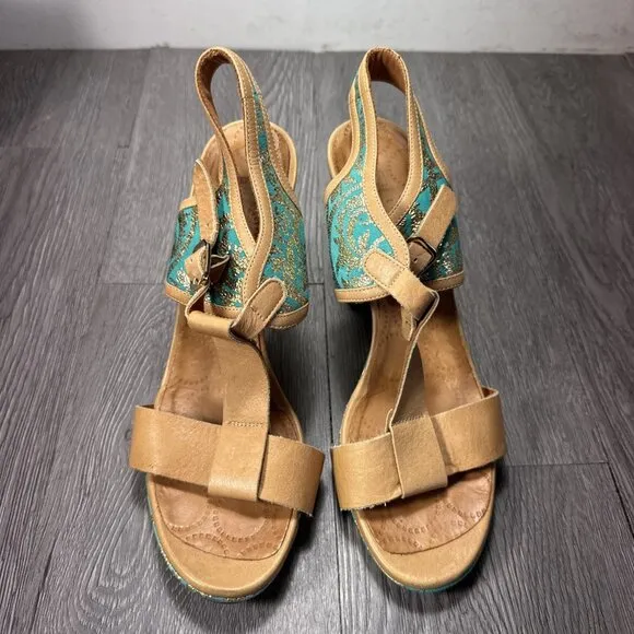 Chie Mihara Woman Teal Gold Print Heels  Open Toe Shoes Sandals 39 US 8.5