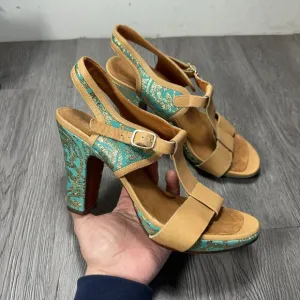 Chie Mihara Woman Teal Gold Print Heels  Open Toe Shoes Sandals 39 US 8.5