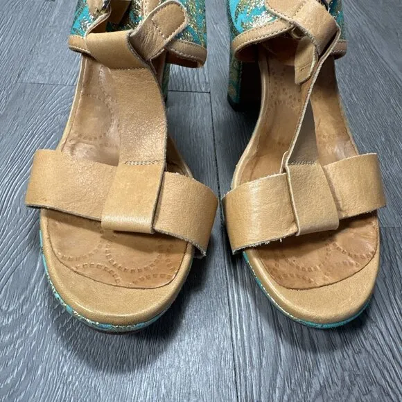 Chie Mihara Woman Teal Gold Print Heels  Open Toe Shoes Sandals 39 US 8.5