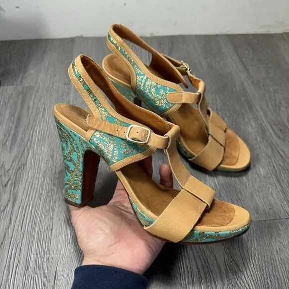 Chie Mihara Woman Teal Gold Print Heels  Open Toe Shoes Sandals 39 US 8.5