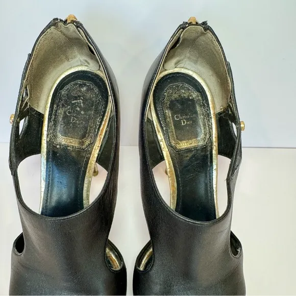 Christian Dior Lolita Black Leather Cutout Open Toe Stilettos W Silver Accents