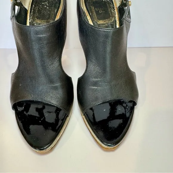 Christian Dior Lolita Black Leather Cutout Open Toe Stilettos W Silver Accents