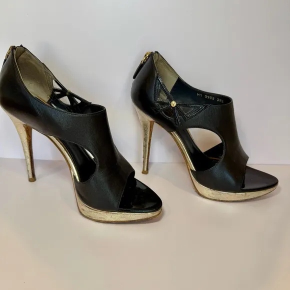 Christian Dior Lolita Black Leather Cutout Open Toe Stilettos W Silver Accents