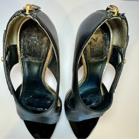 Christian Dior Lolita Black Leather Cutout Open Toe Stilettos W Silver Accents