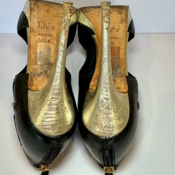 Christian Dior Lolita Black Leather Cutout Open Toe Stilettos W Silver Accents