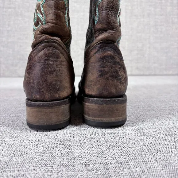 Circle G Girls Western Boots Size 6 1/2 Brown leather tourqouis Embroidered
