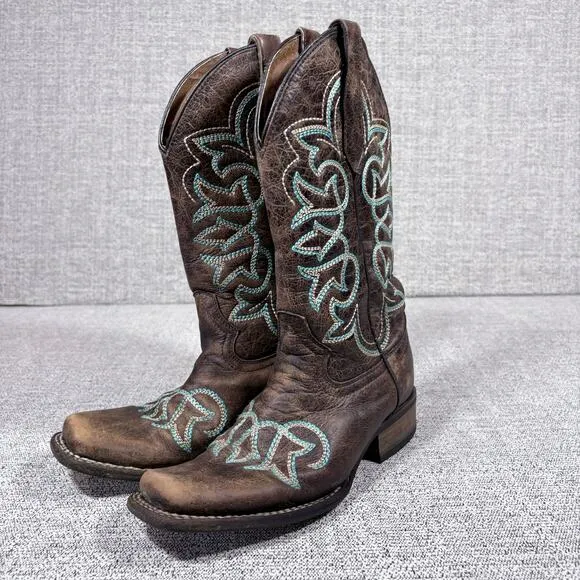 Circle G Girls Western Boots Size 6 1/2 Brown leather tourqouis Embroidered