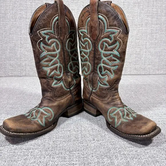 Circle G Girls Western Boots Size 6 1/2 Brown leather tourqouis Embroidered