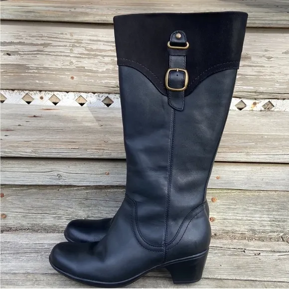 Clarks Bendables Black Leather tall heel comfort boots size 7.5 hardware NEW