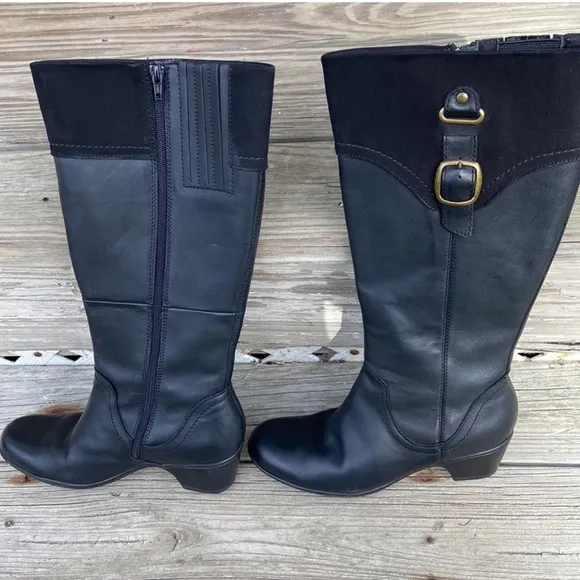 Clarks Bendables Black Leather tall heel comfort boots size 7.5 hardware NEW
