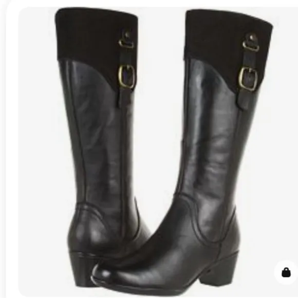 Clarks Bendables Black Leather tall heel comfort boots size 7.5 hardware NEW