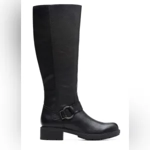 CLARKS HEARTH RAE Black Leather Knee-High Boots