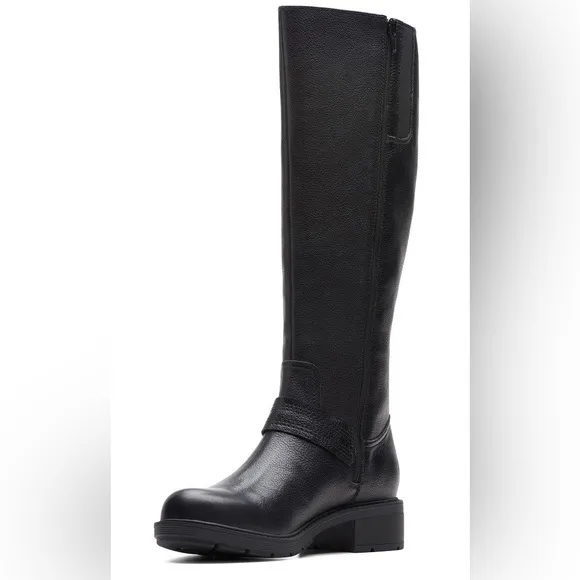 CLARKS HEARTH RAE Black Leather Knee-High Boots