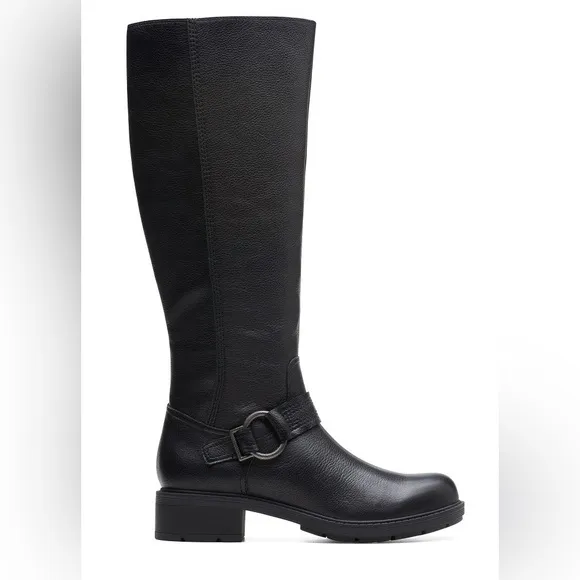 CLARKS HEARTH RAE Black Leather Knee-High Boots