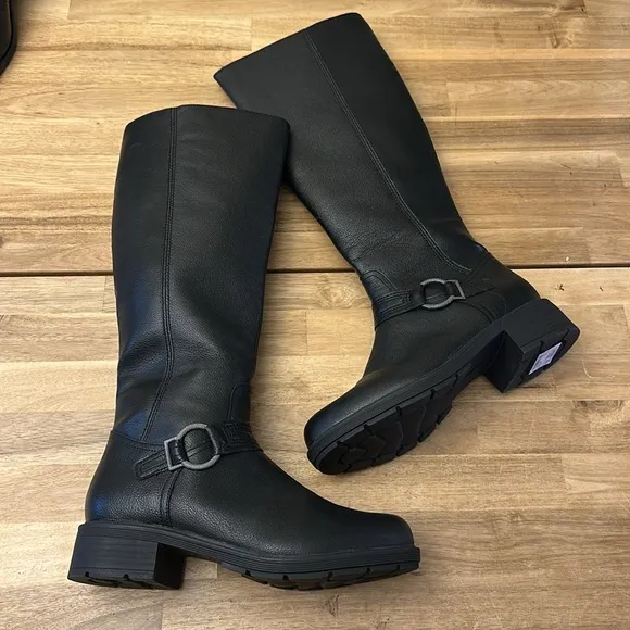 CLARKS HEARTH RAE Black Leather Knee-High Boots