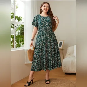 Classic Floral Round Neck Short Sleeve Modest Midi Dress Chic Curvy Plus-size