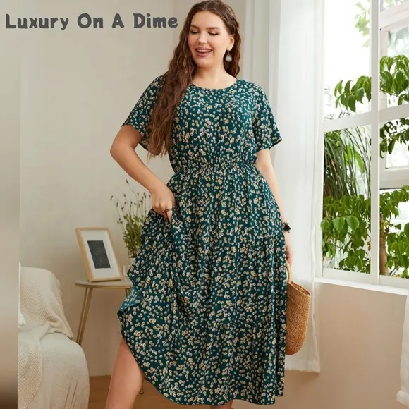 Classic Floral Round Neck Short Sleeve Modest Midi Dress Chic Curvy Plus-size