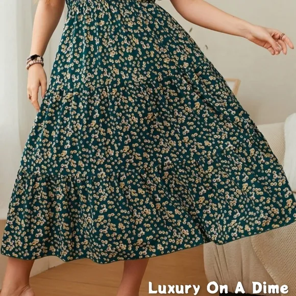 Classic Floral Round Neck Short Sleeve Modest Midi Dress Chic Curvy Plus-size