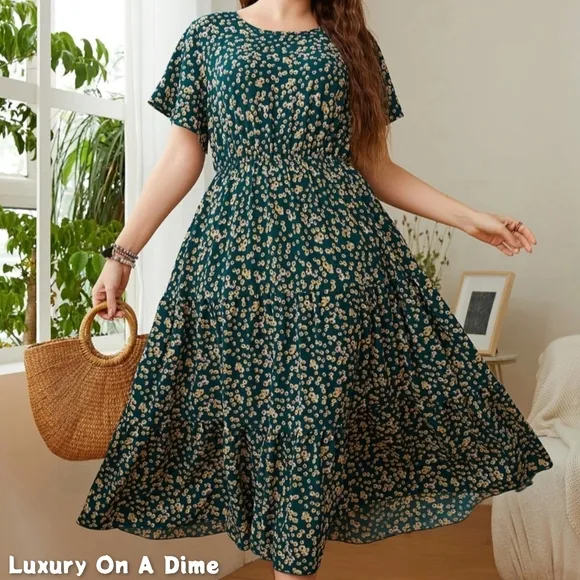 Classic Floral Round Neck Short Sleeve Modest Midi Dress Chic Curvy Plus-size