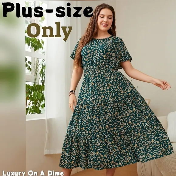 Classic Floral Round Neck Short Sleeve Modest Midi Dress Chic Curvy Plus-size