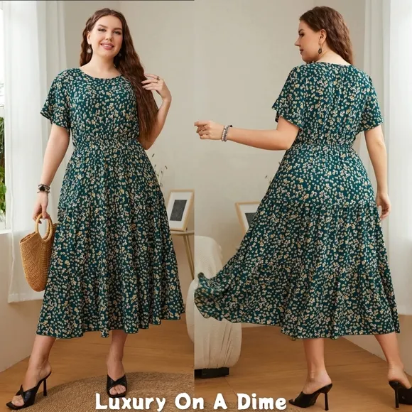Classic Floral Round Neck Short Sleeve Modest Midi Dress Chic Curvy Plus-size