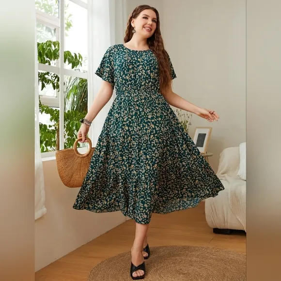 Classic Floral Round Neck Short Sleeve Modest Midi Dress Chic Curvy Plus-size