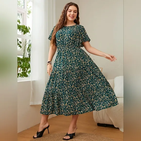 Classic Floral Round Neck Short Sleeve Modest Midi Dress Chic Curvy Plus-size