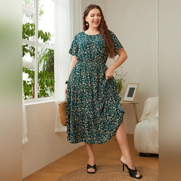 Classic Floral Round Neck Short Sleeve Modest Midi Dress Chic Curvy Plus-size