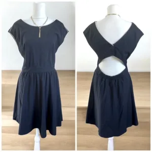 Claudie Pierlot- Vintage-Inspired Navy Fit &amp; Flare Dress with Button Shoulder