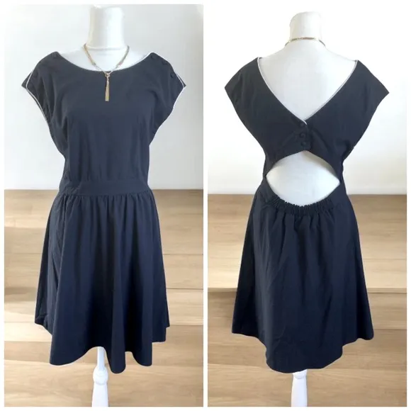 Claudie Pierlot- Vintage-Inspired Navy Fit &amp; Flare Dress with Button Shoulder