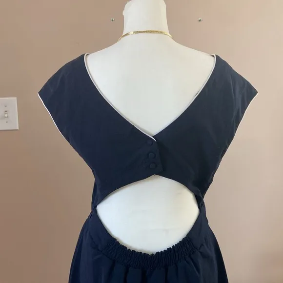 Claudie Pierlot- Vintage-Inspired Navy Fit &amp; Flare Dress with Button Shoulder