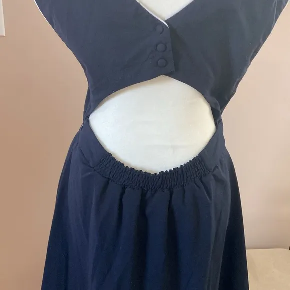 Claudie Pierlot- Vintage-Inspired Navy Fit &amp; Flare Dress with Button Shoulder