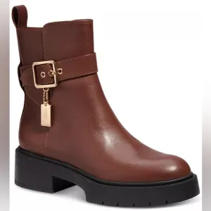 Coach Women's Size 7 Lacey Buckled Lug Sole Engineer Boots Dark Saddle New