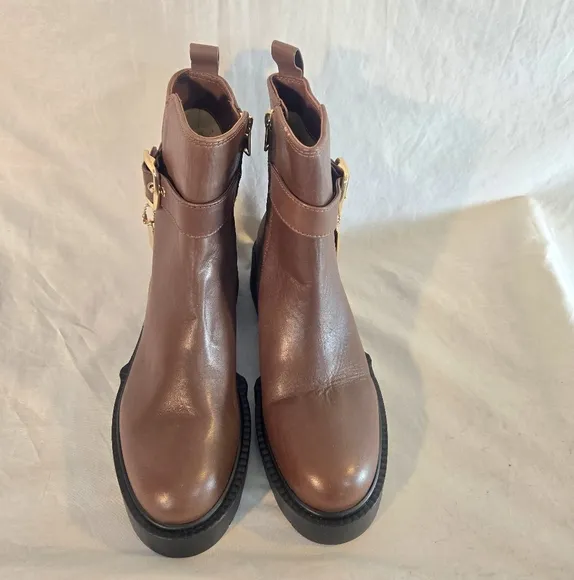 Coach Women's Size 7 Lacey Buckled Lug Sole Engineer Boots Dark Saddle New