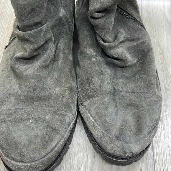 Coclico Tin Gray Suede Gathered Lug Sole And Zip Boots