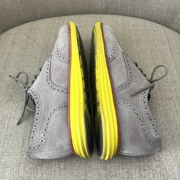 Cole Haan Lunargrand shoes Grey Suede Wing Tip laced Yellow sole