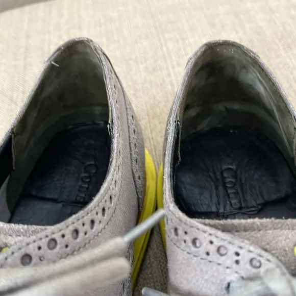 Cole Haan Lunargrand shoes Grey Suede Wing Tip laced Yellow sole