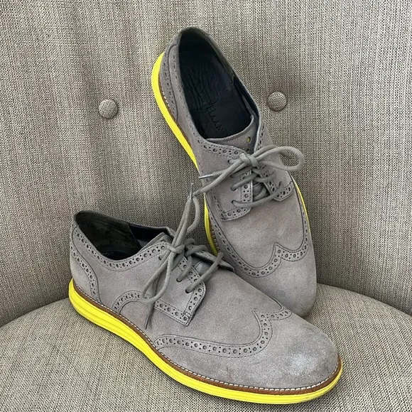 Cole Haan Lunargrand shoes Grey Suede Wing Tip laced Yellow sole