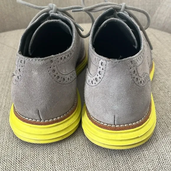 Cole Haan Lunargrand shoes Grey Suede Wing Tip laced Yellow sole