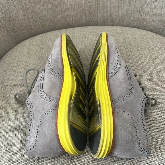Cole Haan Lunargrand shoes Grey Suede Wing Tip laced Yellow sole