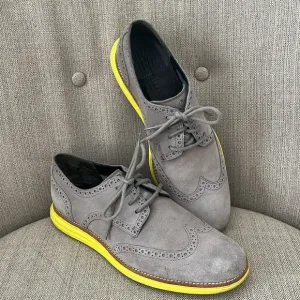 Cole Haan Lunargrand shoes Grey Suede Wing Tip laced Yellow sole