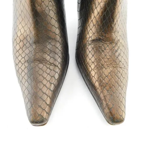 COLE HAAN Snake Textured Bronze Metallic Leather Ankle Bootie Heels 6