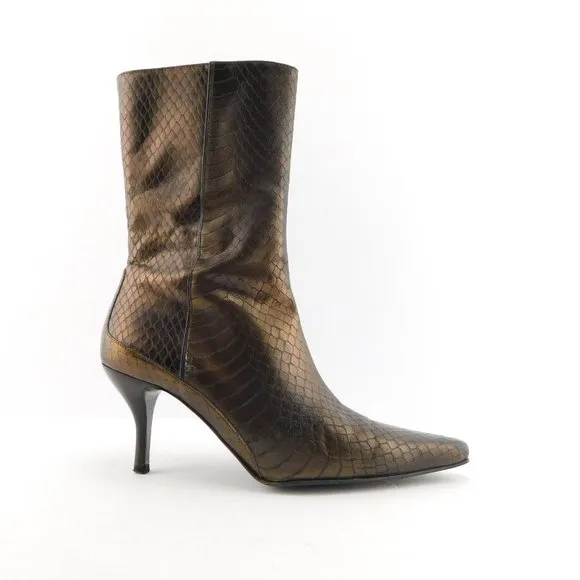 COLE HAAN Snake Textured Bronze Metallic Leather Ankle Bootie Heels 6