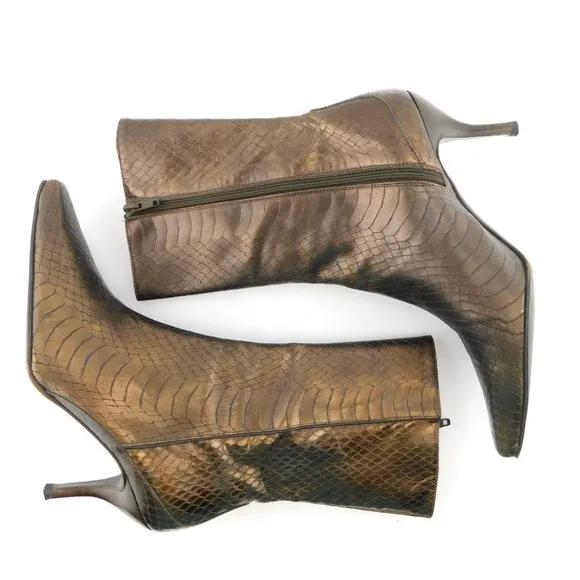 COLE HAAN Snake Textured Bronze Metallic Leather Ankle Bootie Heels 6