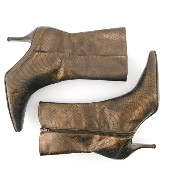 COLE HAAN Snake Textured Bronze Metallic Leather Ankle Bootie Heels 6