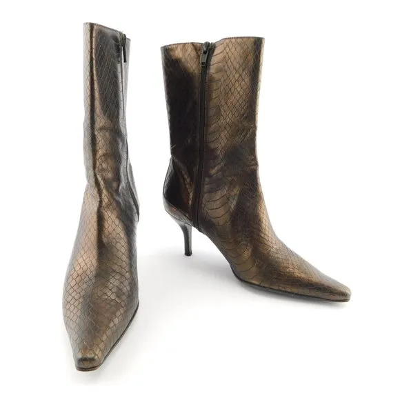 COLE HAAN Snake Textured Bronze Metallic Leather Ankle Bootie Heels 6
